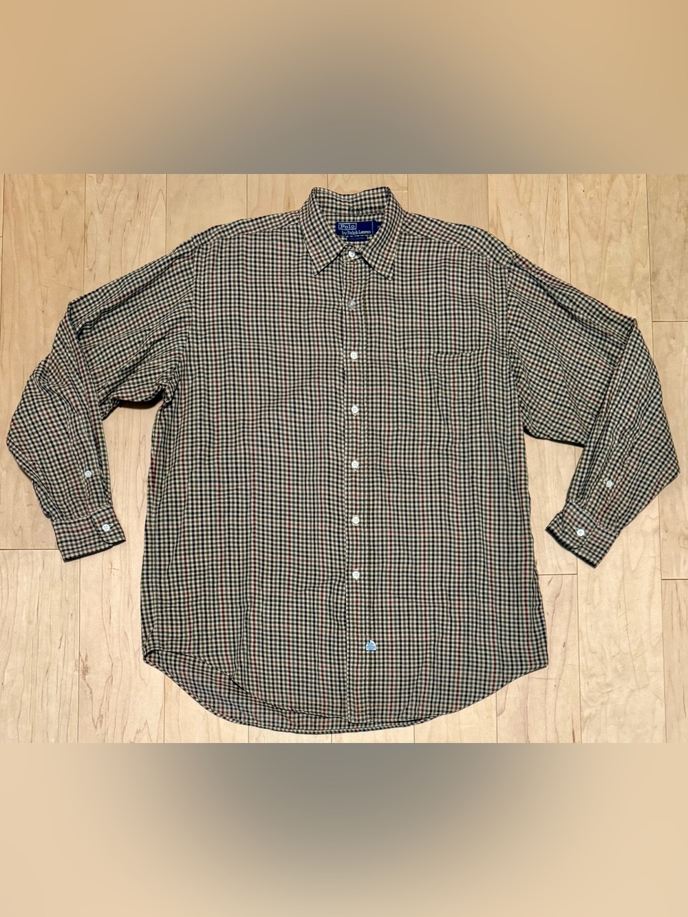VTG Polo Ralph Lauren Button Down Sport Shirt Beige Check Oversized Men’s Medium